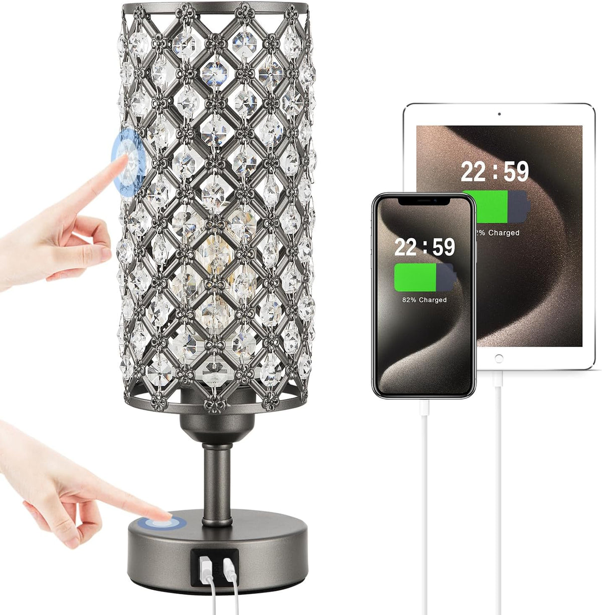 Gray Crystal Bedside Lamp, Nightstand Lamp for Bedroom (Bulb included)