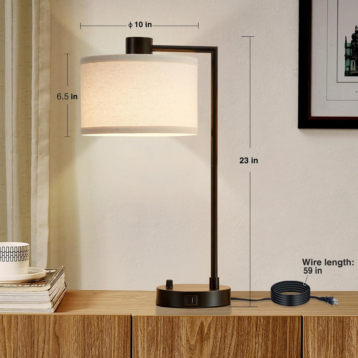 Luvkczc Table Lamp for Bedroom Set of 2 with USB C+A Ports, Fully Stepless Dimmable Bedside Lamp with Linen Lampshade, Contemporary Lamp for Living Room Reading Office, 2 LED Bulbs Included (Black)