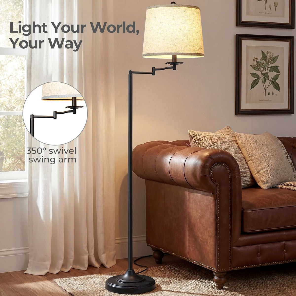 Qingmiao 61" Vintage Floor Lamp with Swing Arm 350° Adjustable, 3-Way Bulb