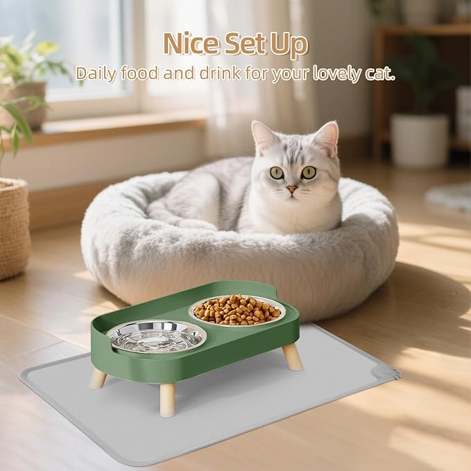 Elevated Cat Bowl with Food Mat, Raised Cat Food and Water Bowl Set