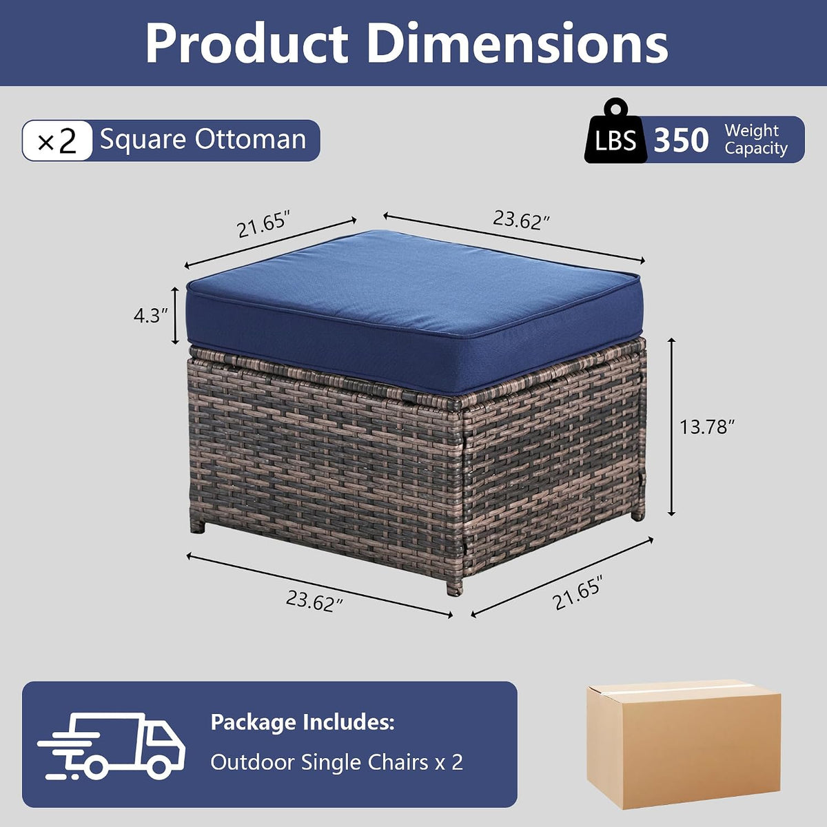 2 Piece Patio Sofa Ottomans with 4.3" Thick Cushions, Wicker Outdoor Couch Extension Set, All-Weather Rattan Seating Accessory for Backyard Furniture,（Blue）