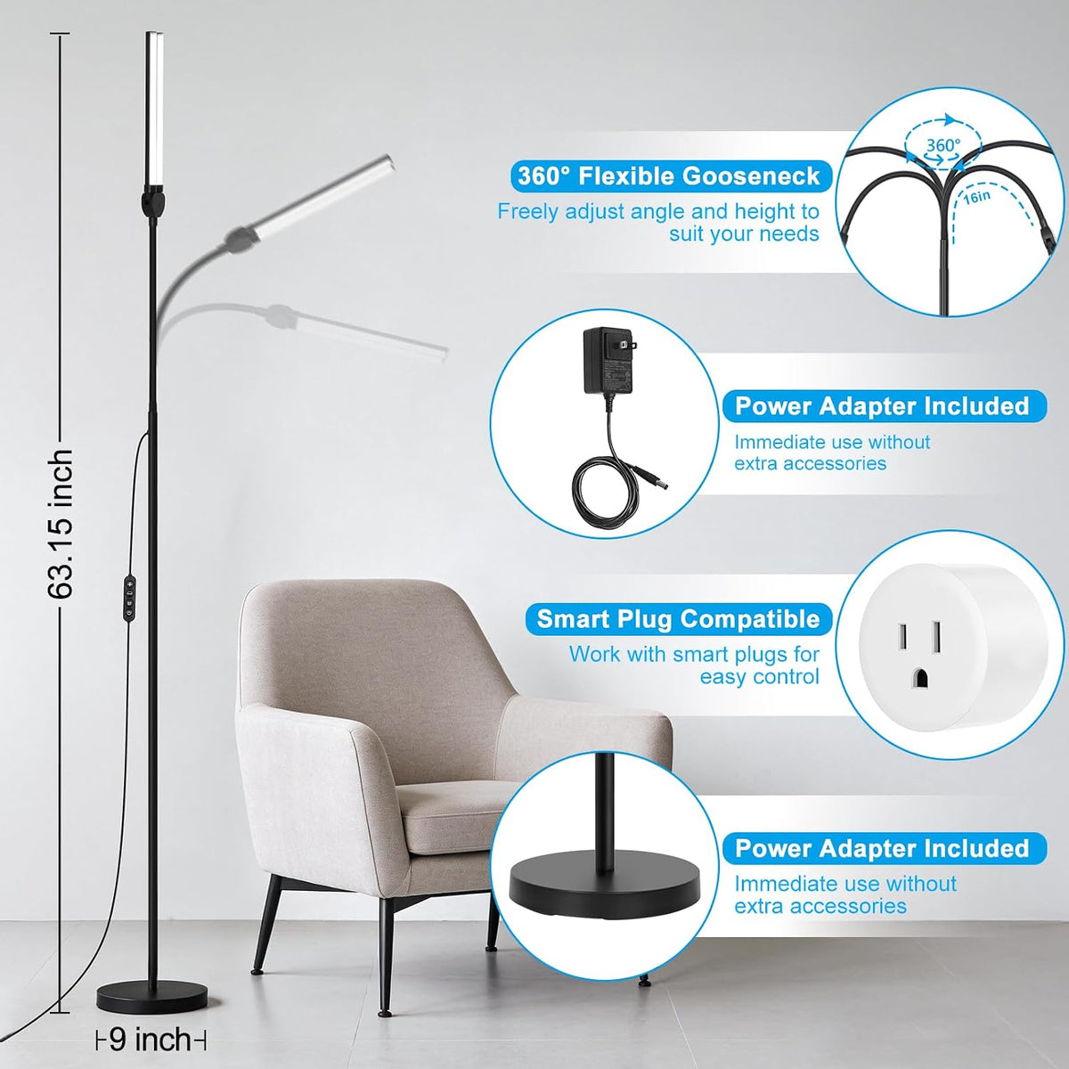 24W/2600LM LED Floor Lamp, Bright Reading Floor Lamps with Dual Head Adjustable Gooseneck, Dimmable Standing Task Lamp for Office Living Room Bedroom, Modern Eye Caring Light for Puzzle Craft Sewing