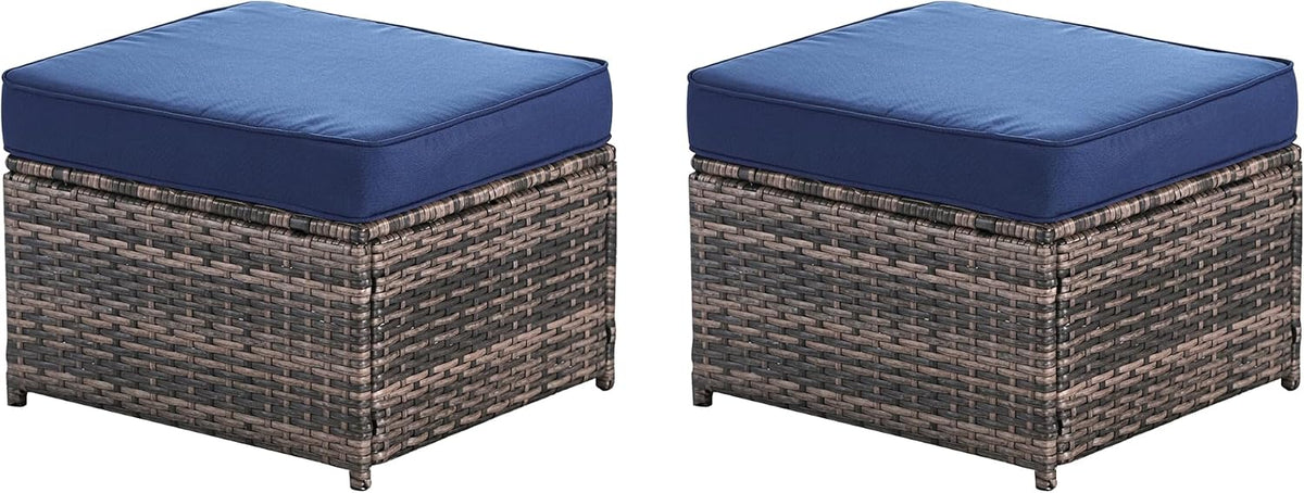 2 Piece Patio Sofa Ottomans with 4.3" Thick Cushions, Wicker Outdoor Couch Extension Set, All-Weather Rattan Seating Accessory for Backyard Furniture,（Blue）