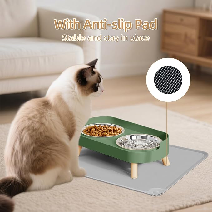 Elevated Cat Bowl with Food Mat, Raised Cat Food and Water Bowl Set