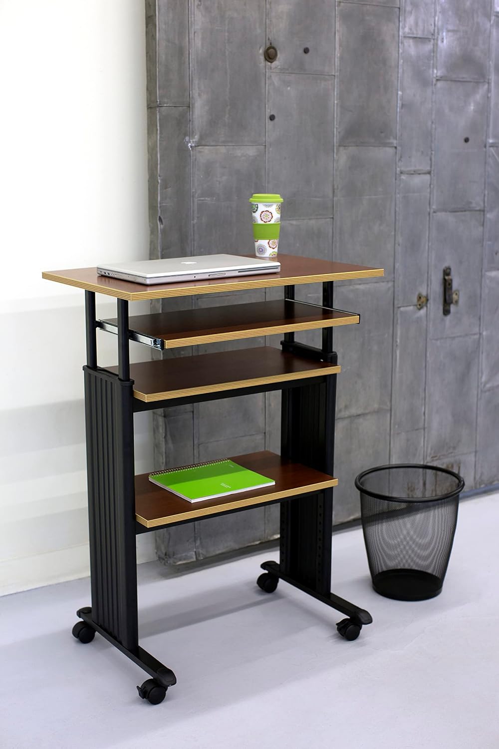 Safco 1929CY MUV Mobile Stand-Up Height-Adjustable Desk,Keyboard Storage, Steel Frame Construction, Durable Melamine Laminate Work Surface, 4 Wheels, Narrow Design