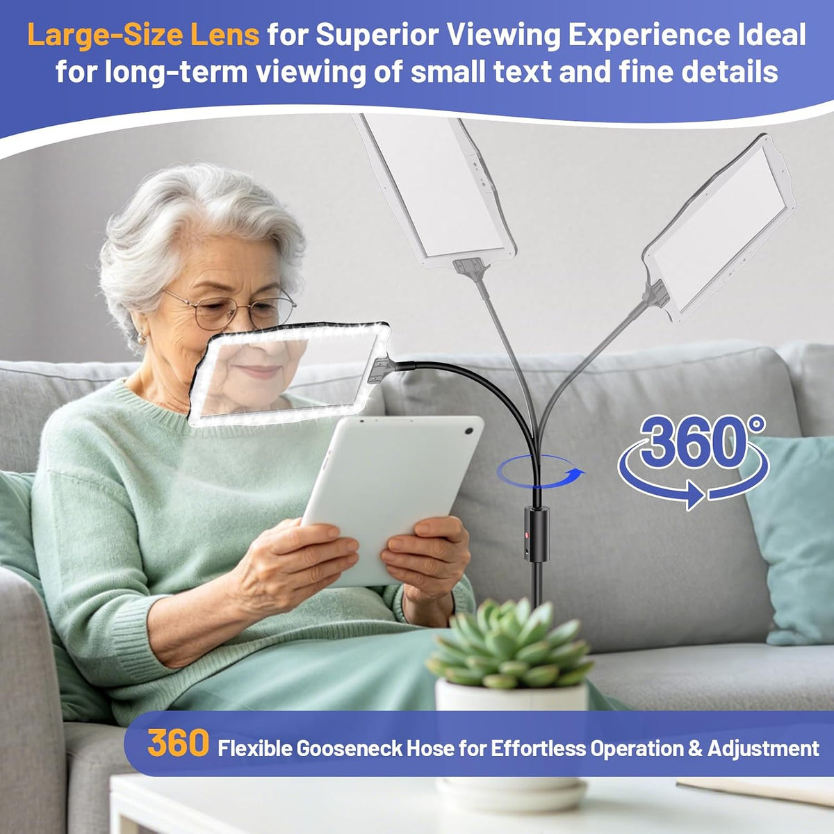 Hands Free Floor Standing Magnifying Glass with 48 LED Rechargeable Light, Adjustable Stand Large Magnifier for Seniors Reading Sewing Craft Embroidery Close Work DIY