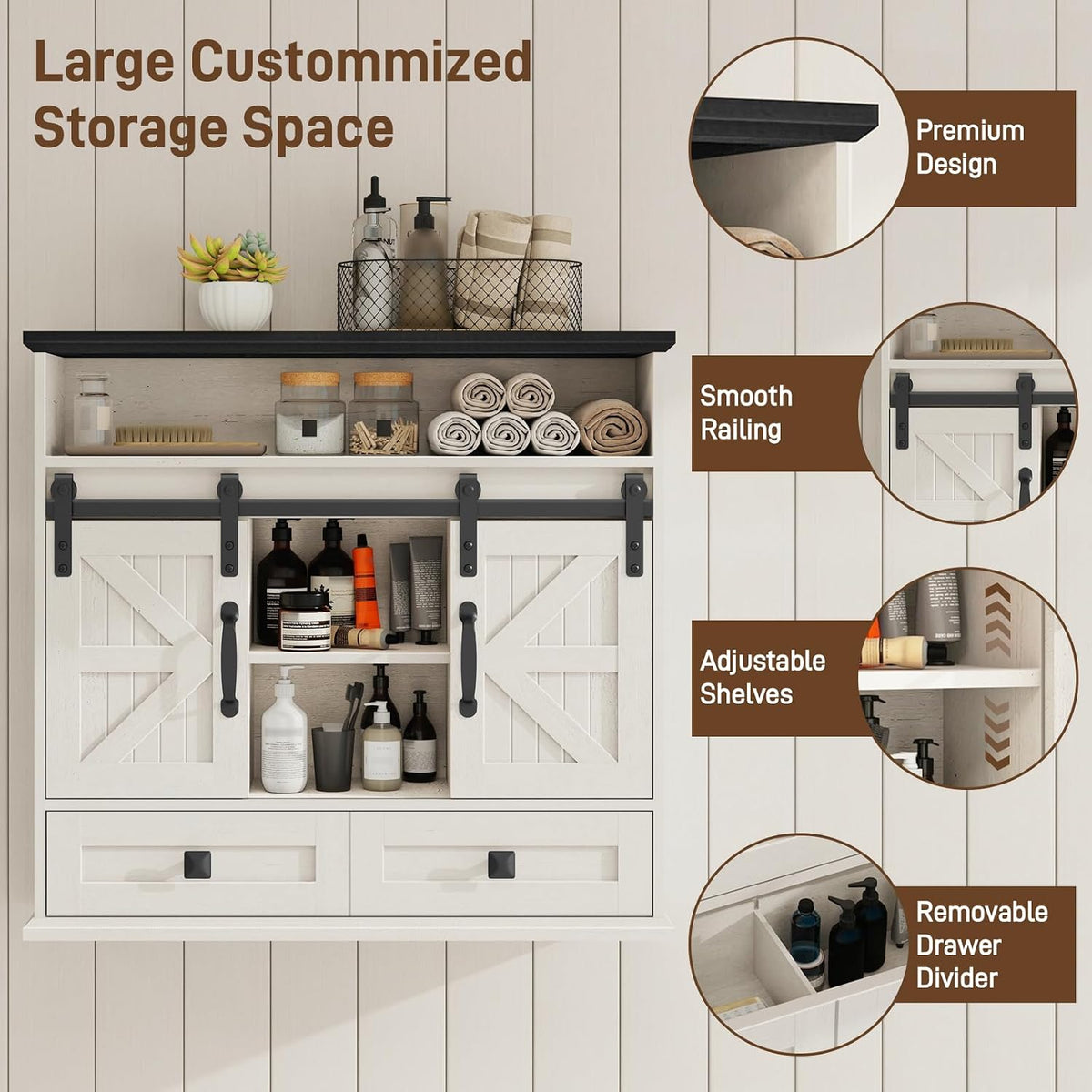 Vabches Bathroom Wall Cabinet, Farmhouse Medicine Cabinet with Sliding Door