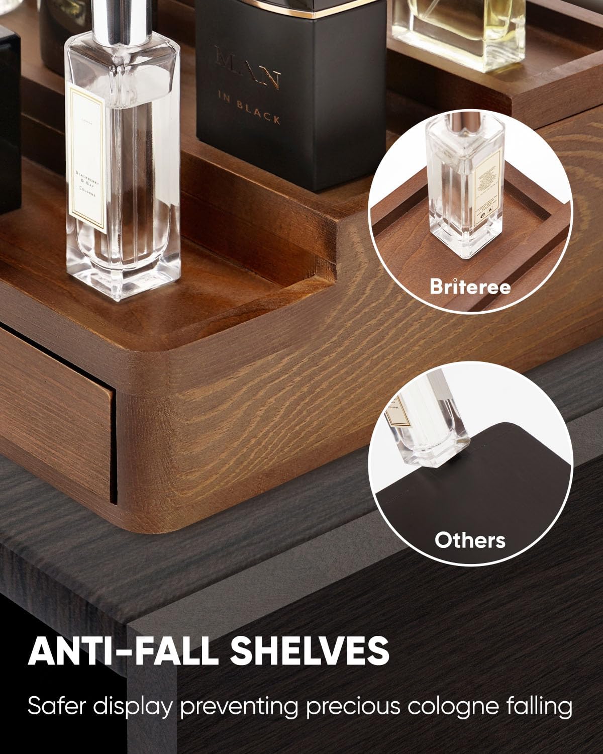 Cologne Organizer for Men, 3 Tier Wooden Cologne Stand with Drawer Storage and Hidden Compartment, Perfume Display Holder for Dresser, Great Gifts for Him Dad Fathers, Brown