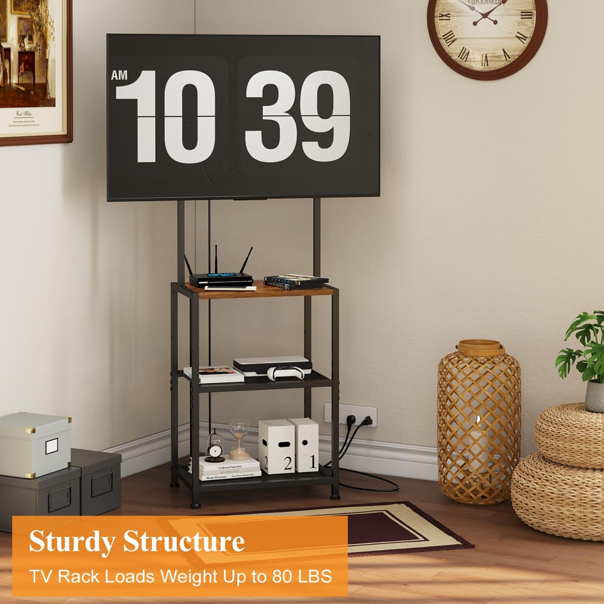 14 Inch to 42 Inch Small Corner TV Stand for Bedroom With 3 Tiers Storage Shelves, Floor Universal Television Stand With Mount For 40 Inch 32 Inch TV,Brown TV Table Shelf With Adjustable Feet, Sturdy