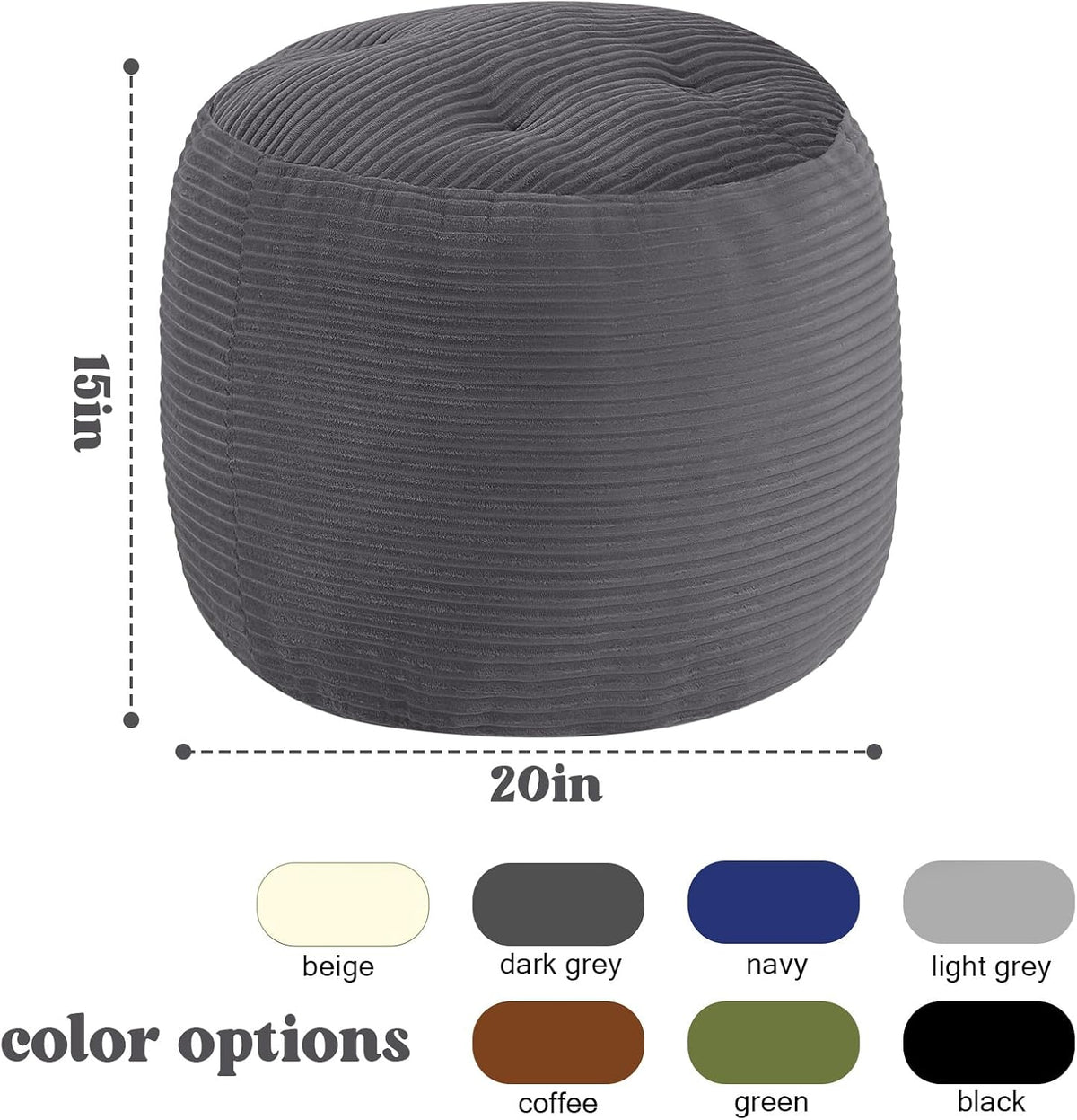 MeMoreCool Round Pouf Ottoman 20x15 Inch, Corduroy Footstool, Dark Grey