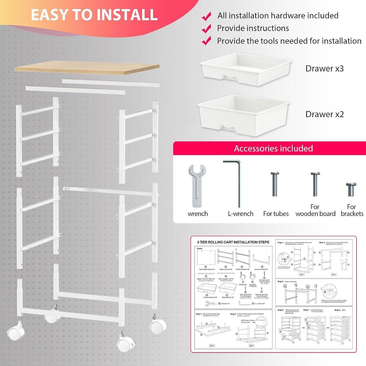 Goovilla Rolling Cart with 5 Drawers for Craft, Art, Dorm, Office, White