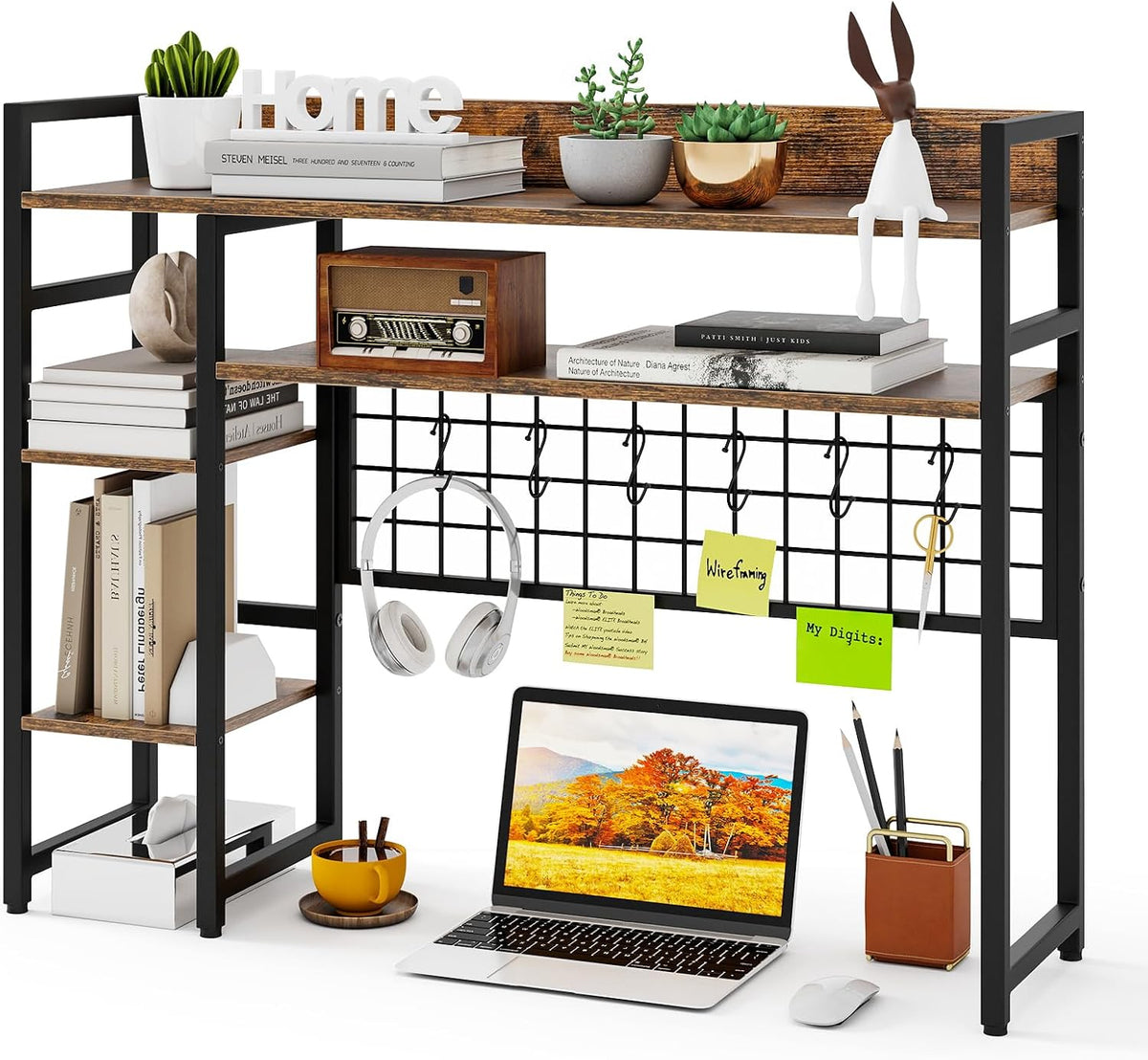 GOFLAME Desktop Bookshelf, 37 Inch Desk Shelf for Computer Monitor, 4-Tier Desk Hutch with Grid Panel 6 Hooks Set, Industrial Countertop Storage Organizer Shelf for Home Office, Dorm (Rustic Brown)