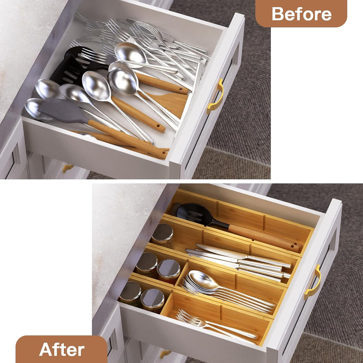 DUJEN 4 Packs Bamboo Drawer Organizer 2 pieces 12.6 * 6inches and 2 pieces 12.6 * 3.2inches, Adjustable 3 Individual Junk Drawer organizer for Bathroom and Kitchen