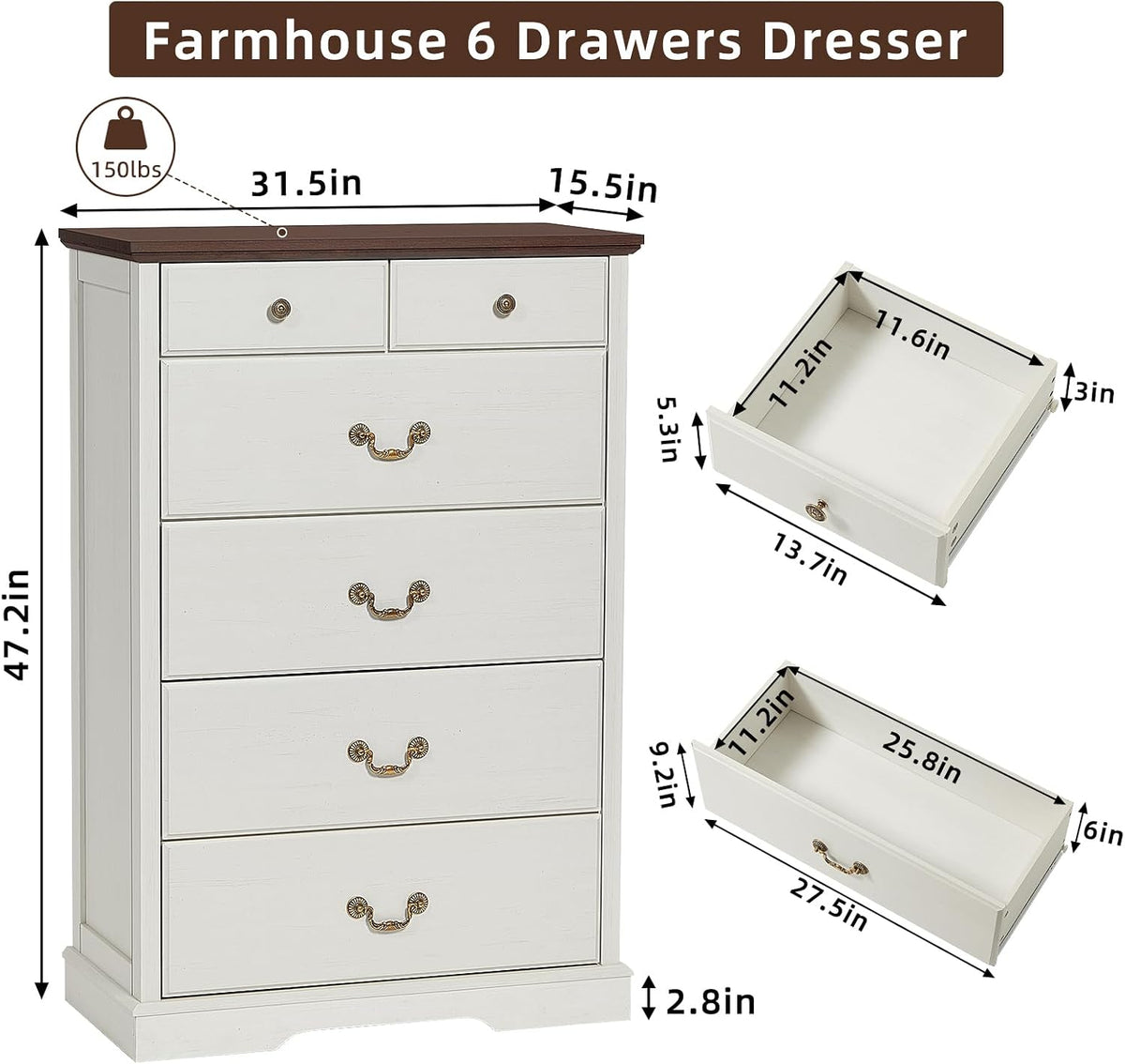 6 Drawer Dresser,Farmhouse Wood Chest of Drawers for Bedroom,47" Tall Dresser with Rustic Handles,Wood Drawer Organizer for Living Room,Hallway,Closet,White