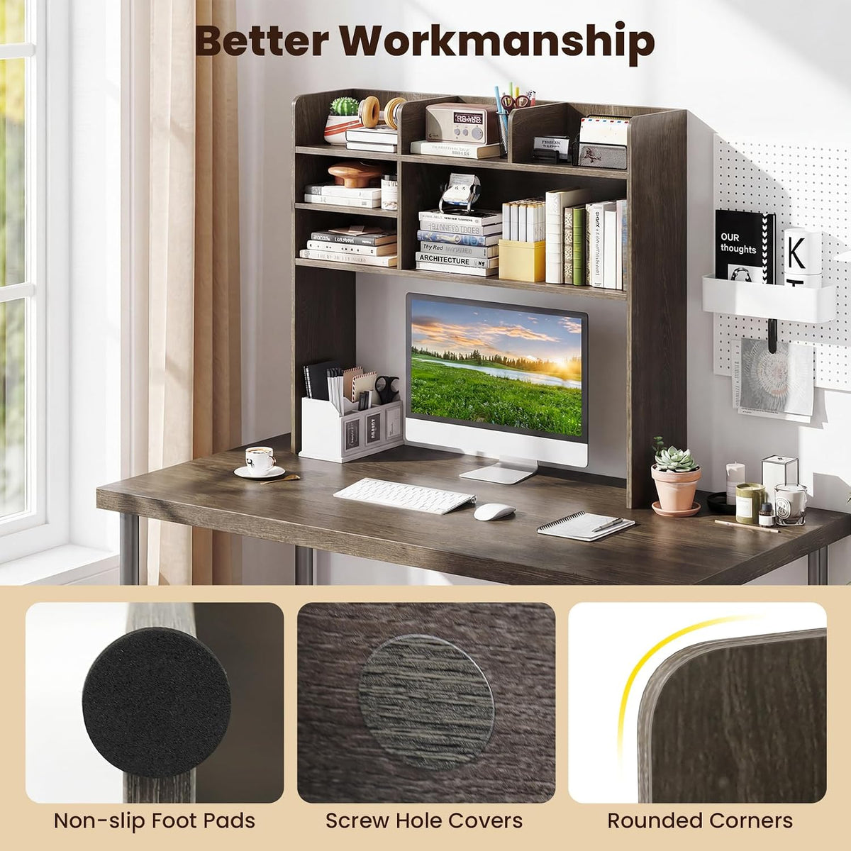 GIANTEX Desktop Bookshelf, 37" Desk Hutch Dorm for Computer Up to 32 Inch, Countertop Hutch w/6 Storage Shelves, 3-Tier Desktop Organizer Display Rack, Wood Desk Shelf for Home Office (Grey Oak)