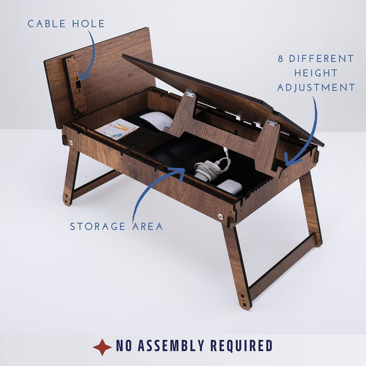 Vigo Wood Laptop Stand with Adjustable Tilt, Folding Legs and Storage Space, Reading Table and Work Desk (Walnut)