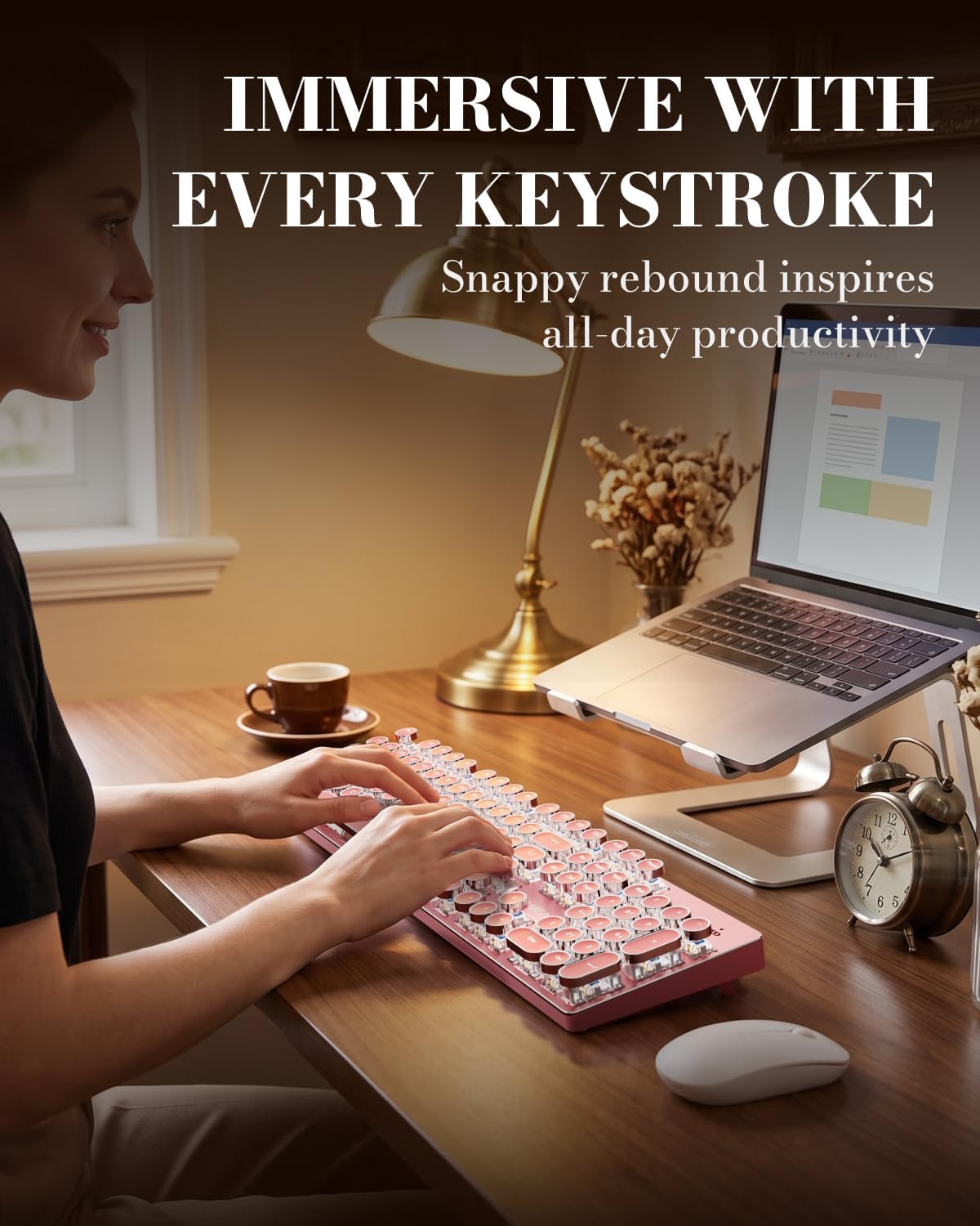 Wireless Typewriter Style Mechanical Keyboard with White Backlit, Pink