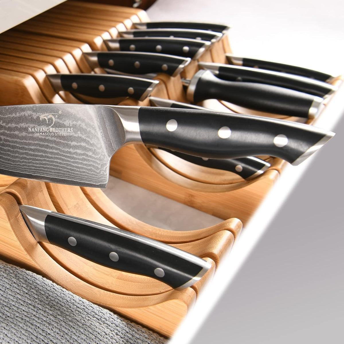 NANFANG BROTHERS Knife Drawer Organizer with 5 Pieces Damascus Knives