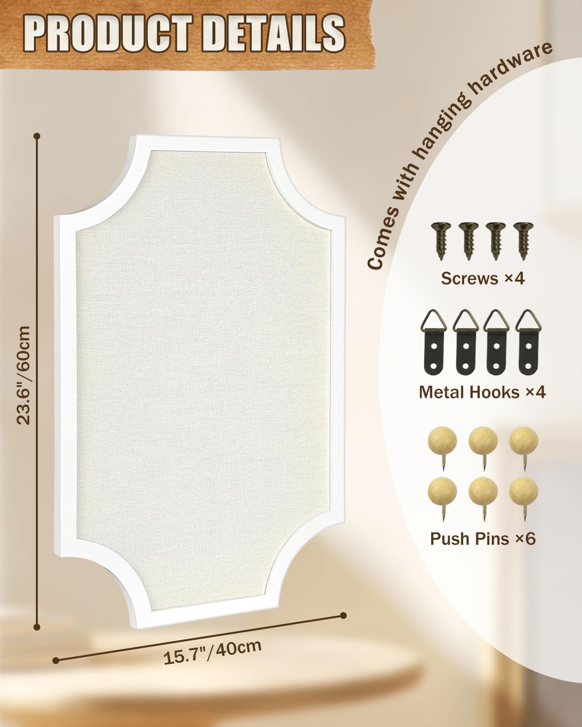 Linen Bulletin Board, Large 15.7"x23.6" Pin Board for Wall,White Wood Frame