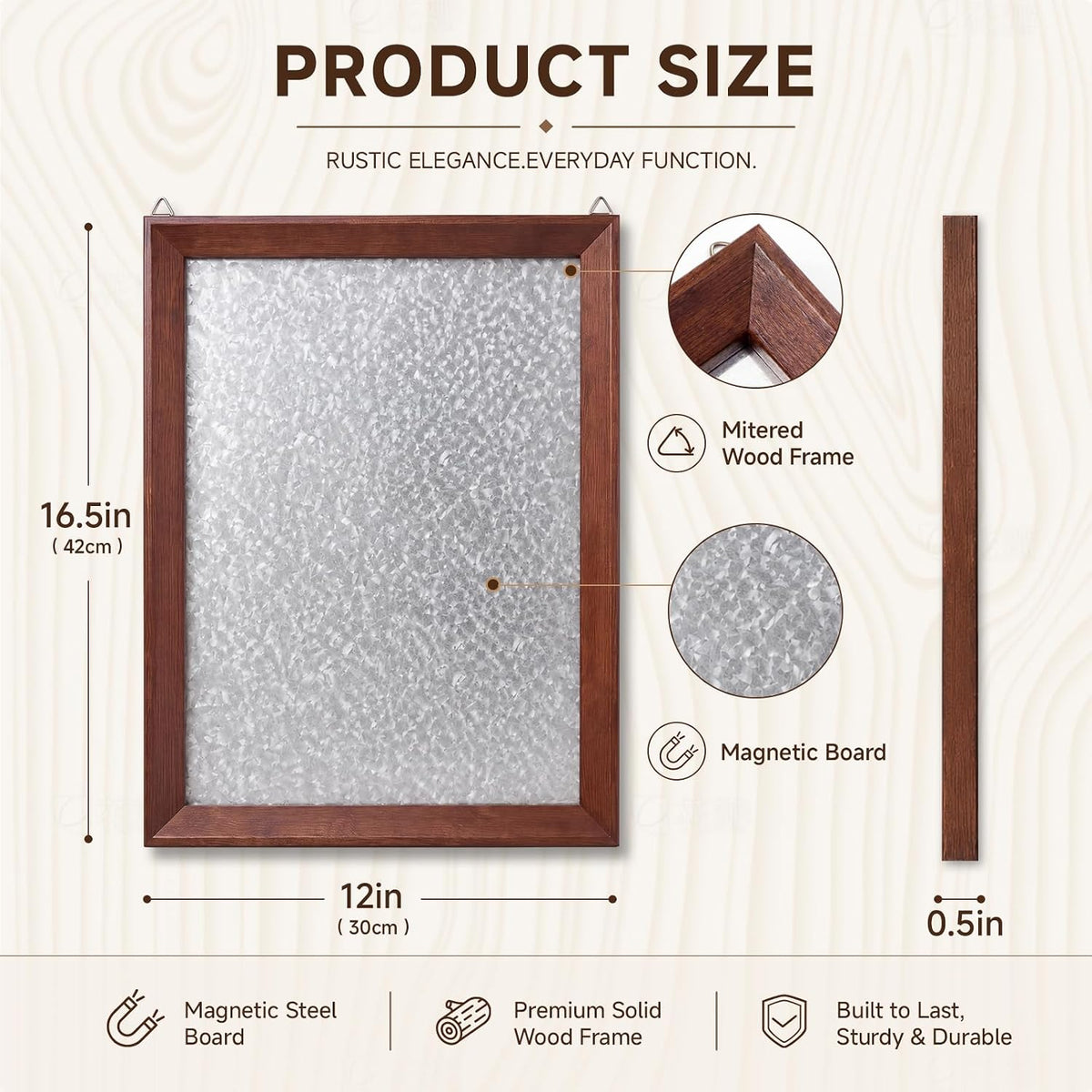 Large Rustic Metal Magnetic Board with Frame 16.5" x 11.8" Farmhouse Barn Door Wood Framed Galvanized Metal Magnetic Memo Board Wall Organizer Farmhouse Wall Decor(Classic Framed)