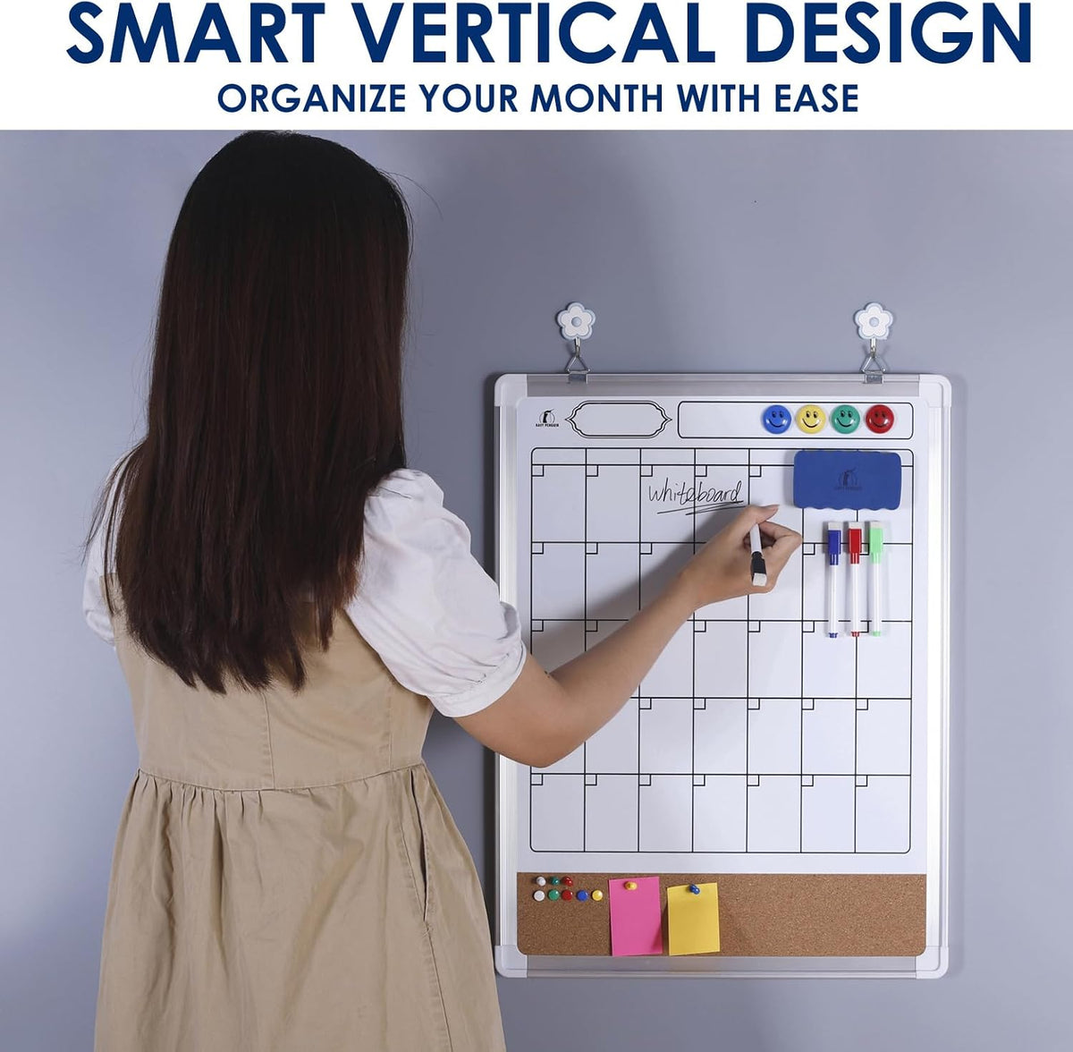 Dry Erase Calendar for Wall - Whiteboard Calendar with Cork Board 18x24 in