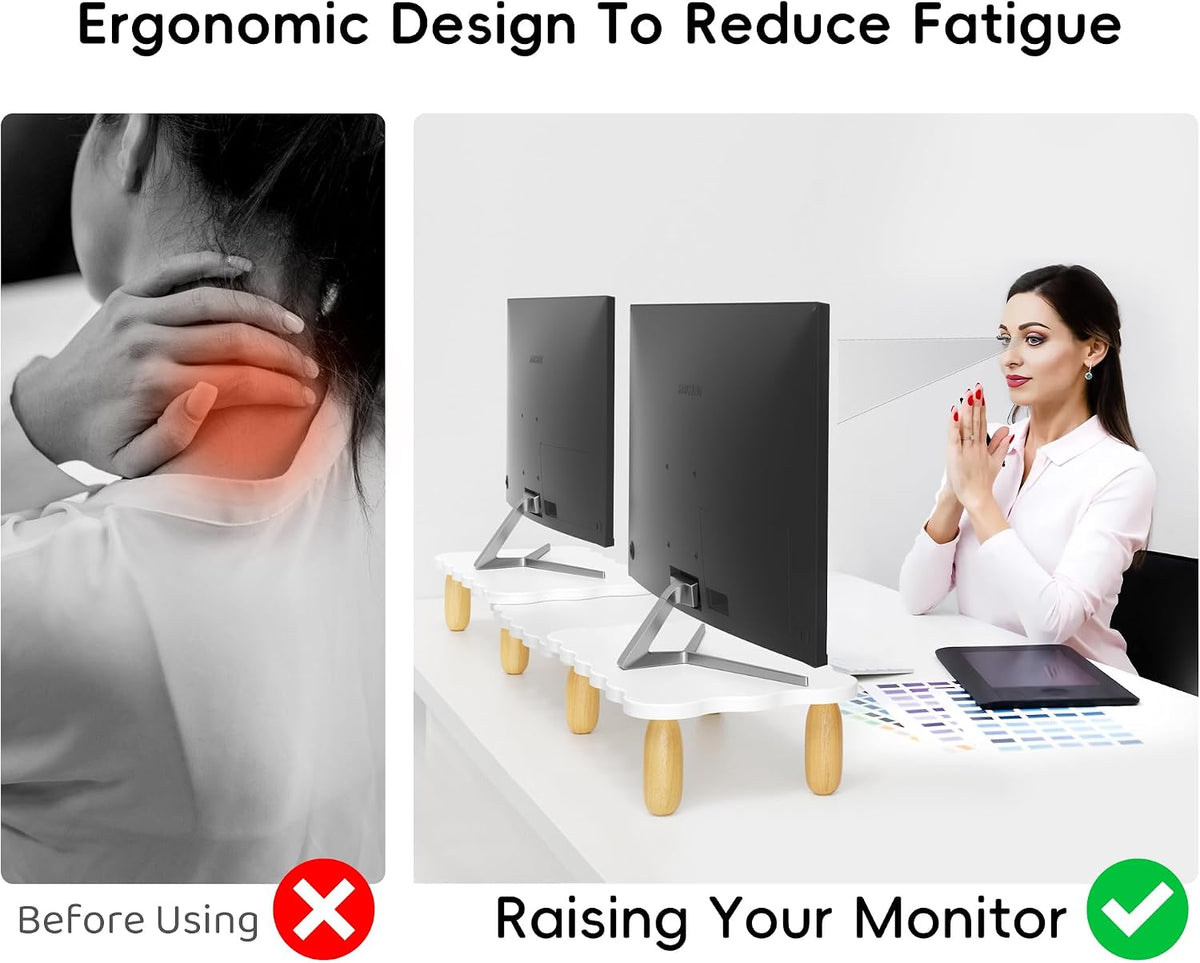 AFOOYO Dual Monitor Riser, Cookie-Shaped Adjustable Length & Swivel Angle, Wooden Desktop Organizer for 2 Monitors,Monitor Stand with Drawer for Laptop, PC, Computer, Printer,White