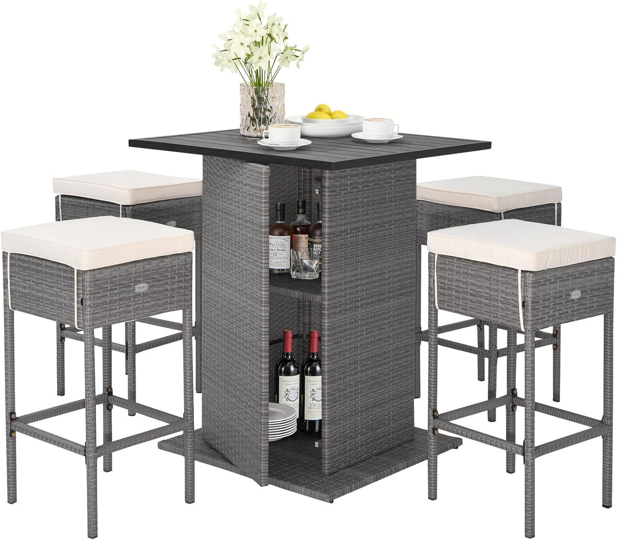 Tangkula 5 Piece Rattan Bar Table and Chairs Set Wirth 4 Cushioned Stools