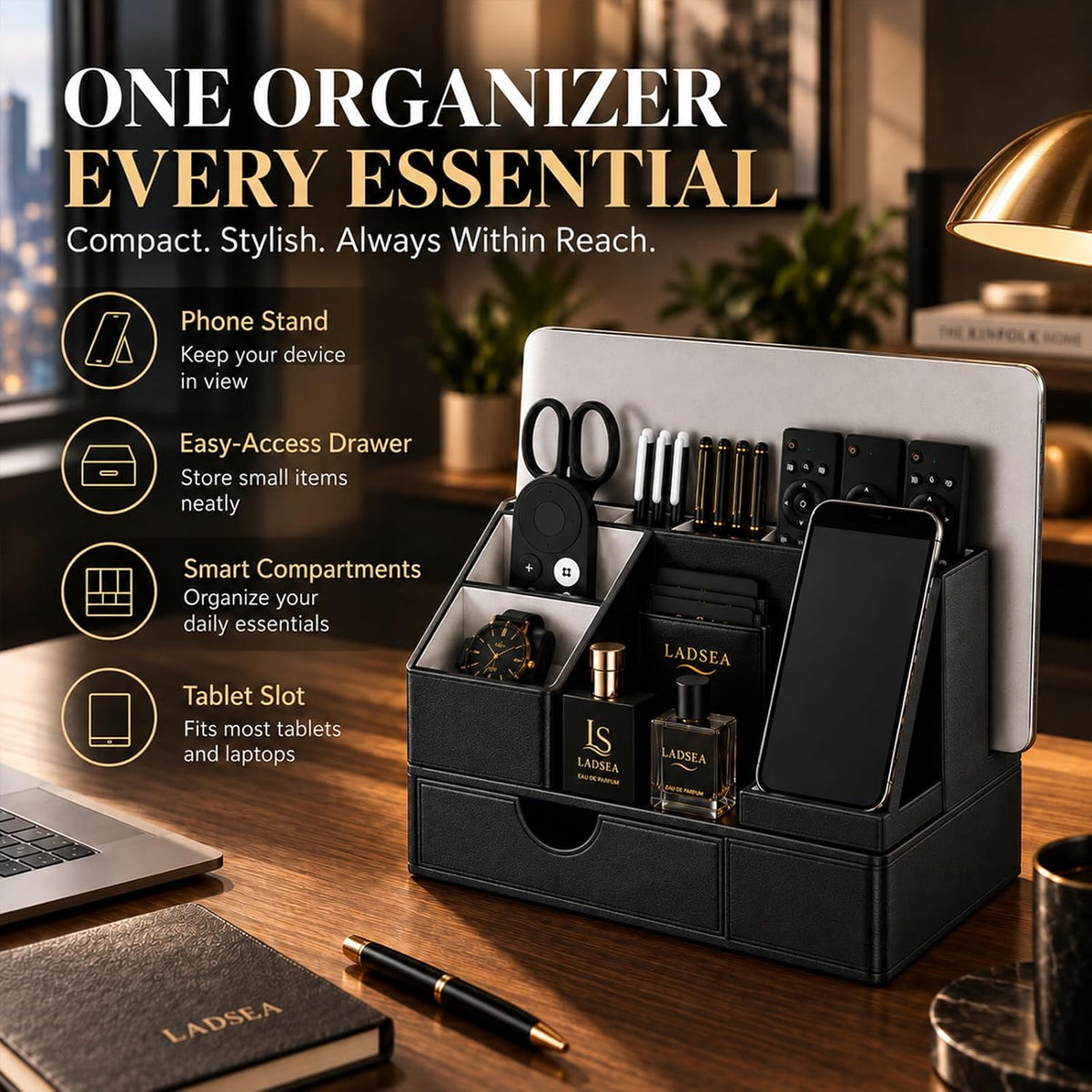 6-in-1 Desk Organizer for Men, PU Leather Phone Stand with Drawer, Bedside Nightstand Caddy for Watch, Wallet and Glasses