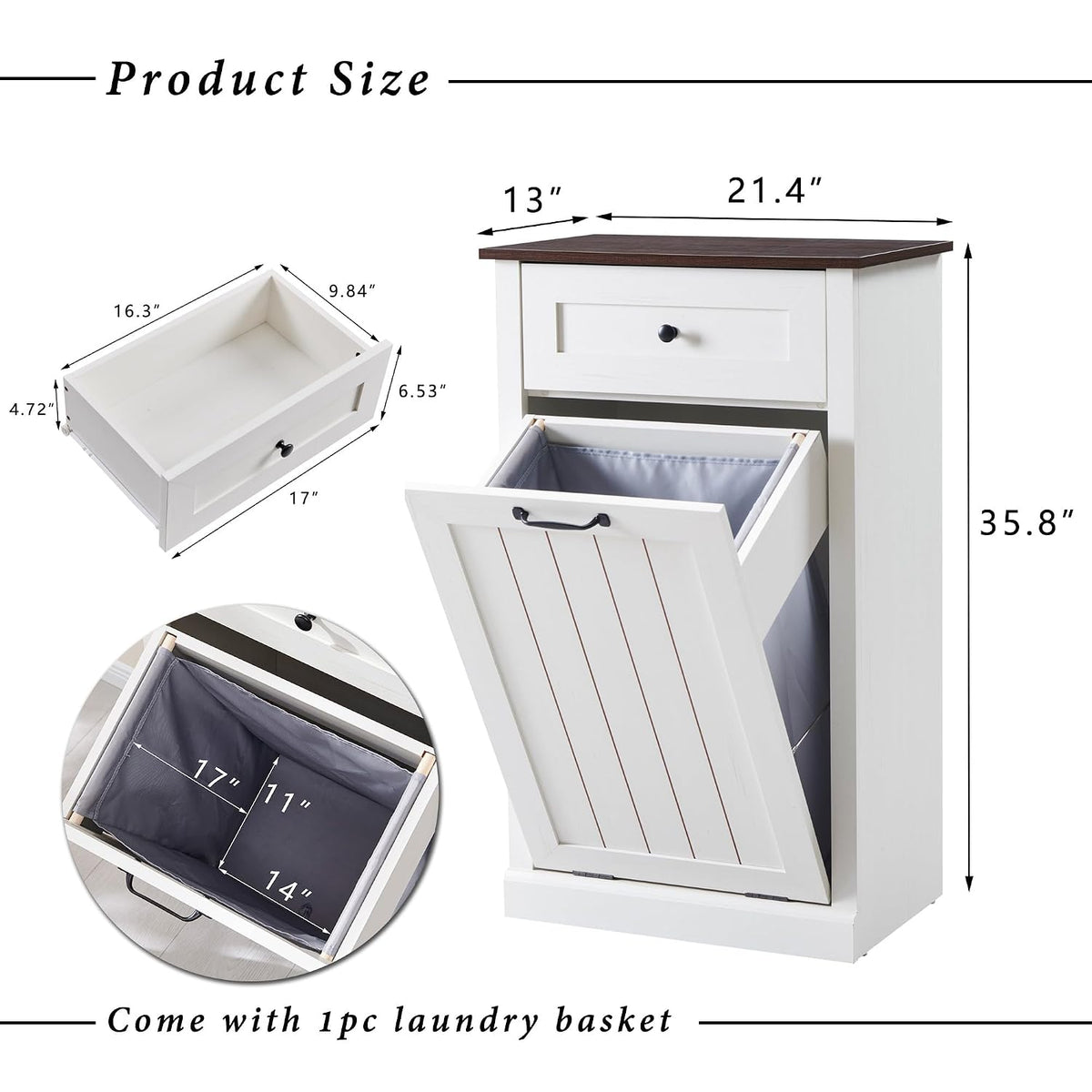 IFGET Tilt Out Trash Can Cabinet, Trash Cabinet w/Drawer, Antique White