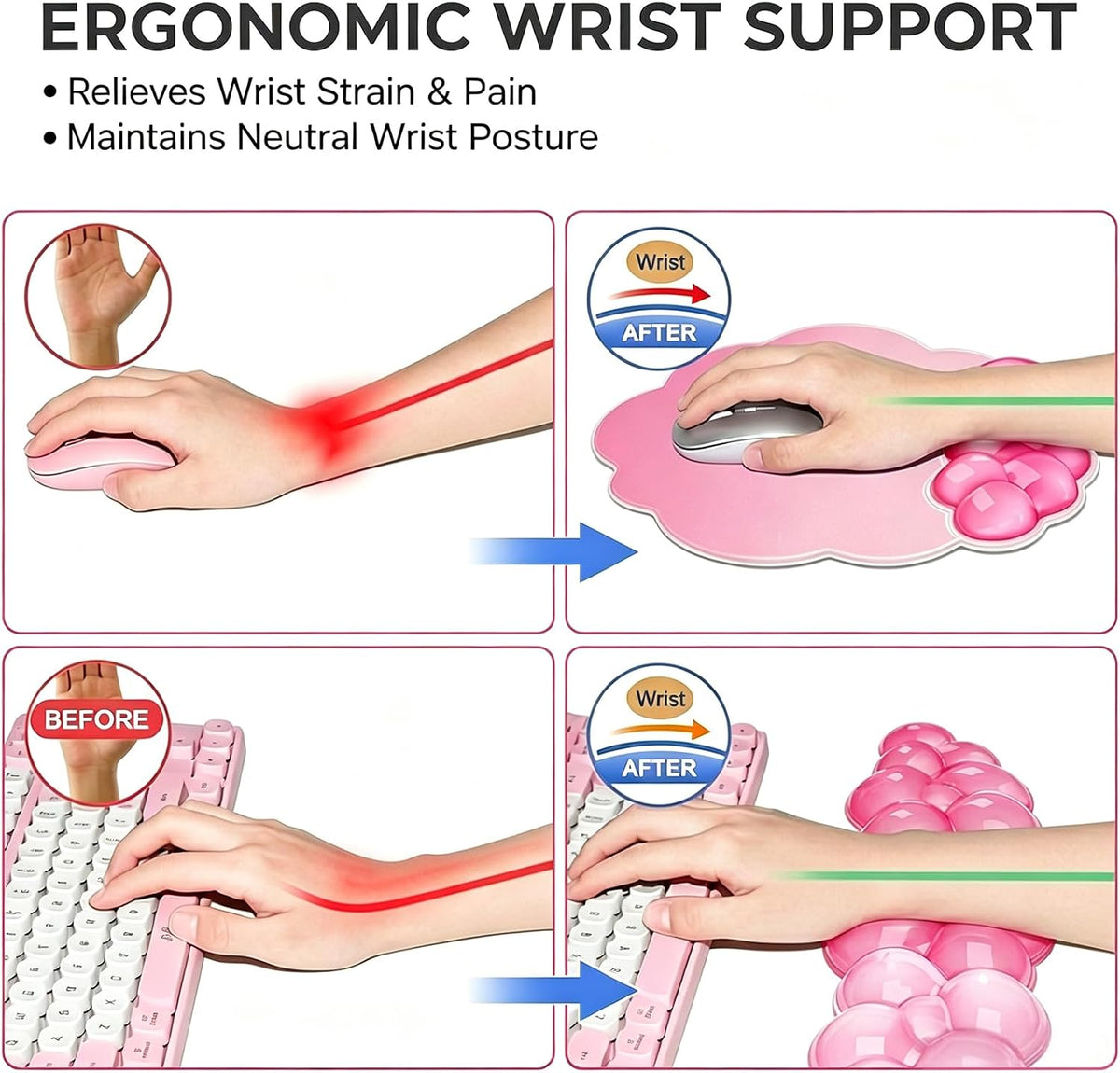 Gel Wrist Rest and Cloud Mouse Pad, for Keyboards and Mice - Ergonomic Pink Keyboard Wrist Rest Set, Relieves Pain from Typing/Computer/Laptop/Gaming/Home/Office Pink