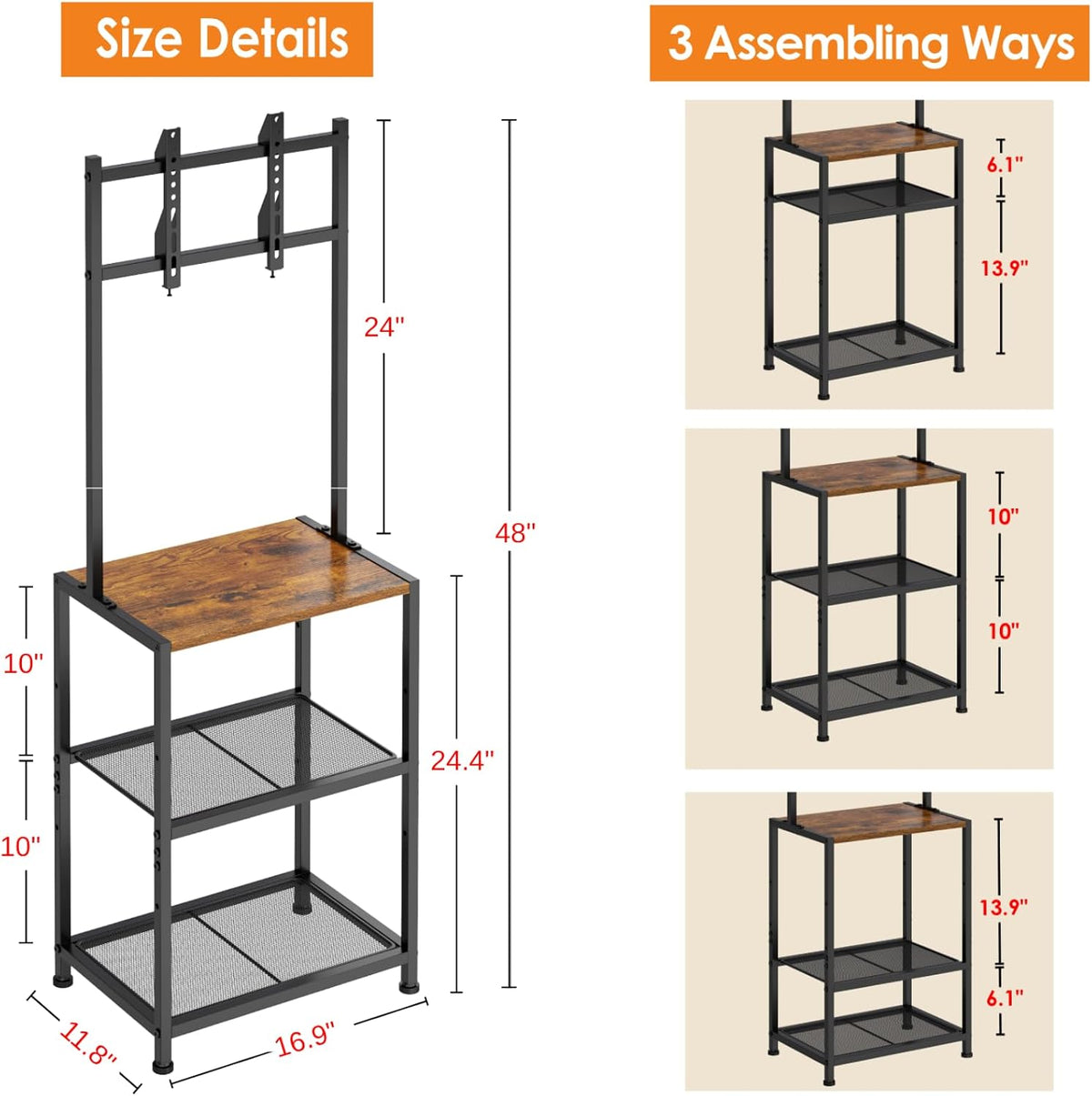 14 Inch to 42 Inch Small Corner TV Stand for Bedroom With 3 Tiers Storage Shelves, Floor Universal Television Stand With Mount For 40 Inch 32 Inch TV,Brown TV Table Shelf With Adjustable Feet, Sturdy