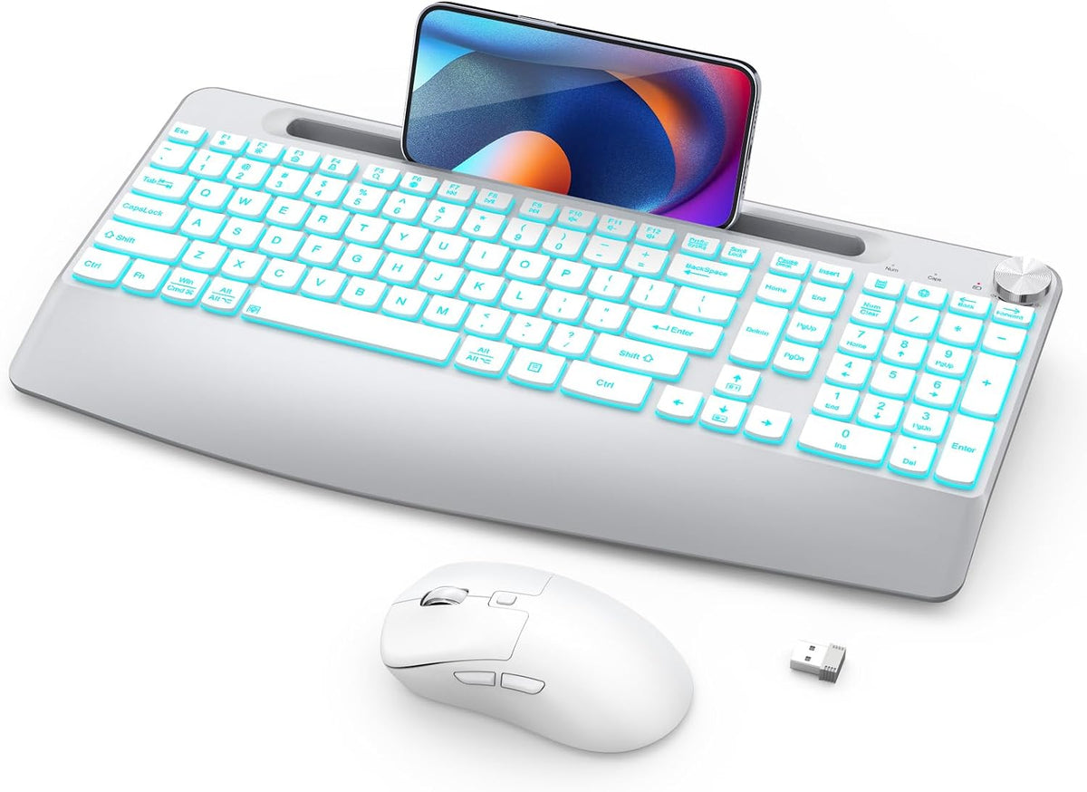 GAMCATZ Wireless Keyboard and Mouse Backlits - Full-Sized Ergonomic Lighted Keyboard with Wrist Rest, Phone Holder,2.4GHz Rechargeable Silent Keyboard Mouse Combo for Computer, Laptop, PC, Mac -White