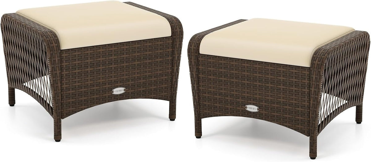 HAPPYGRILL 2-Piece Patio Wicker Ottomans with Removable Cushions, Outdoor Rattan Footrest Side Table for Porch, Garden and Backyard (Beige)