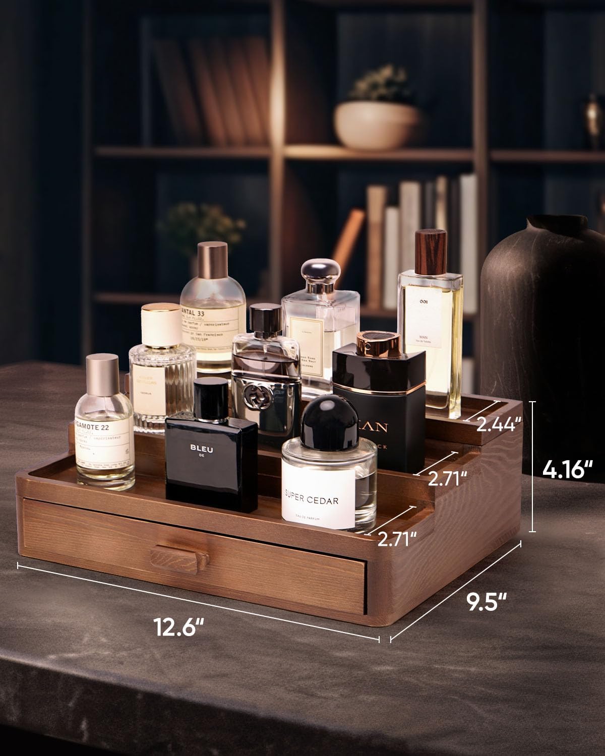 Cologne Organizer for Men, 3 Tier Wooden Cologne Stand with Drawer Storage and Hidden Compartment, Perfume Display Holder for Dresser, Great Gifts for Him Dad Fathers, Brown