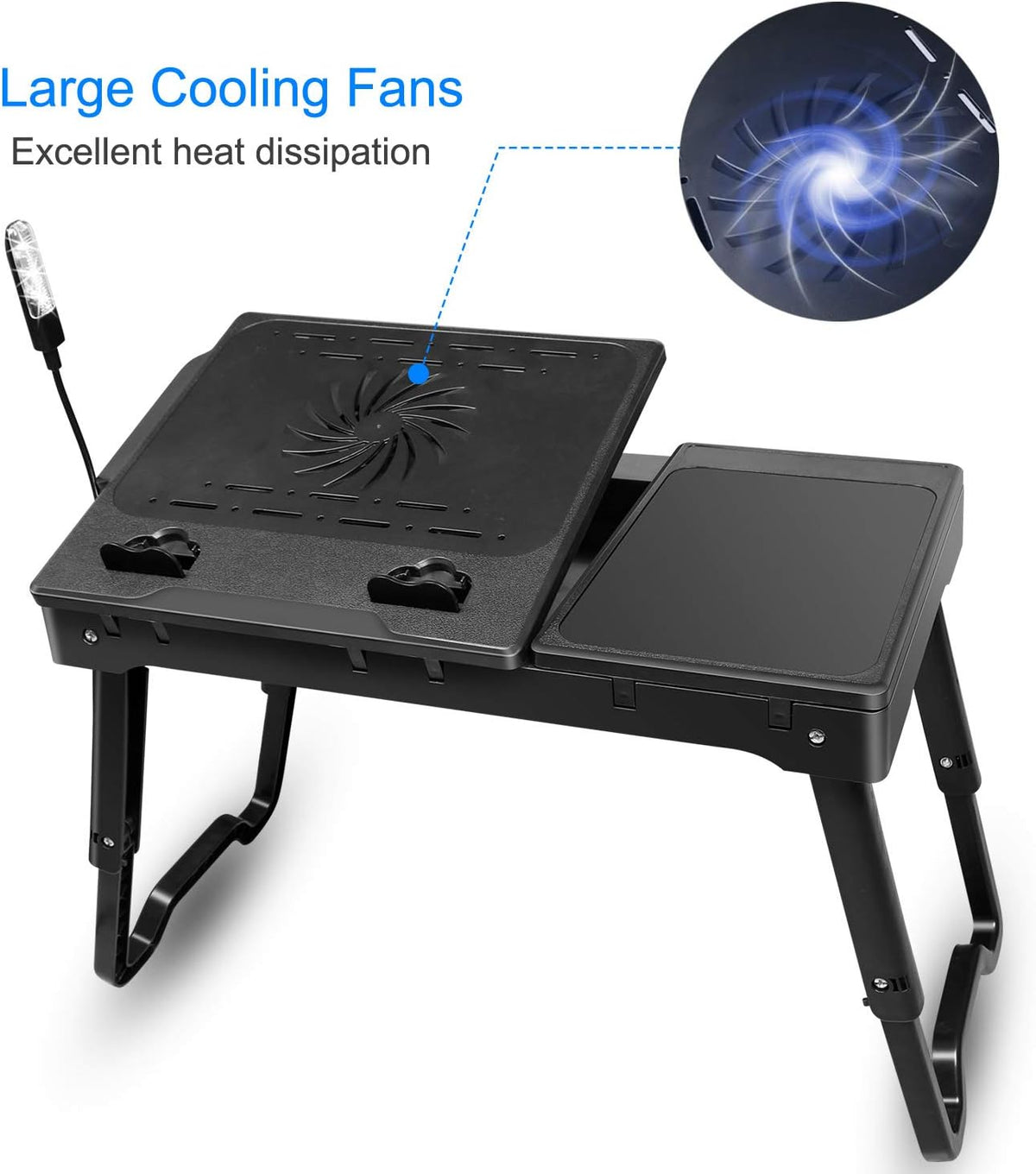 TeqHome Laptop Desk for Bed, Adjustable Table with Fan, Portable Lap Desk, Foldable Legs, Stand for Couch Sofa, Tray with LED Light, 4 USB Ports, Storage, Mouse Pad