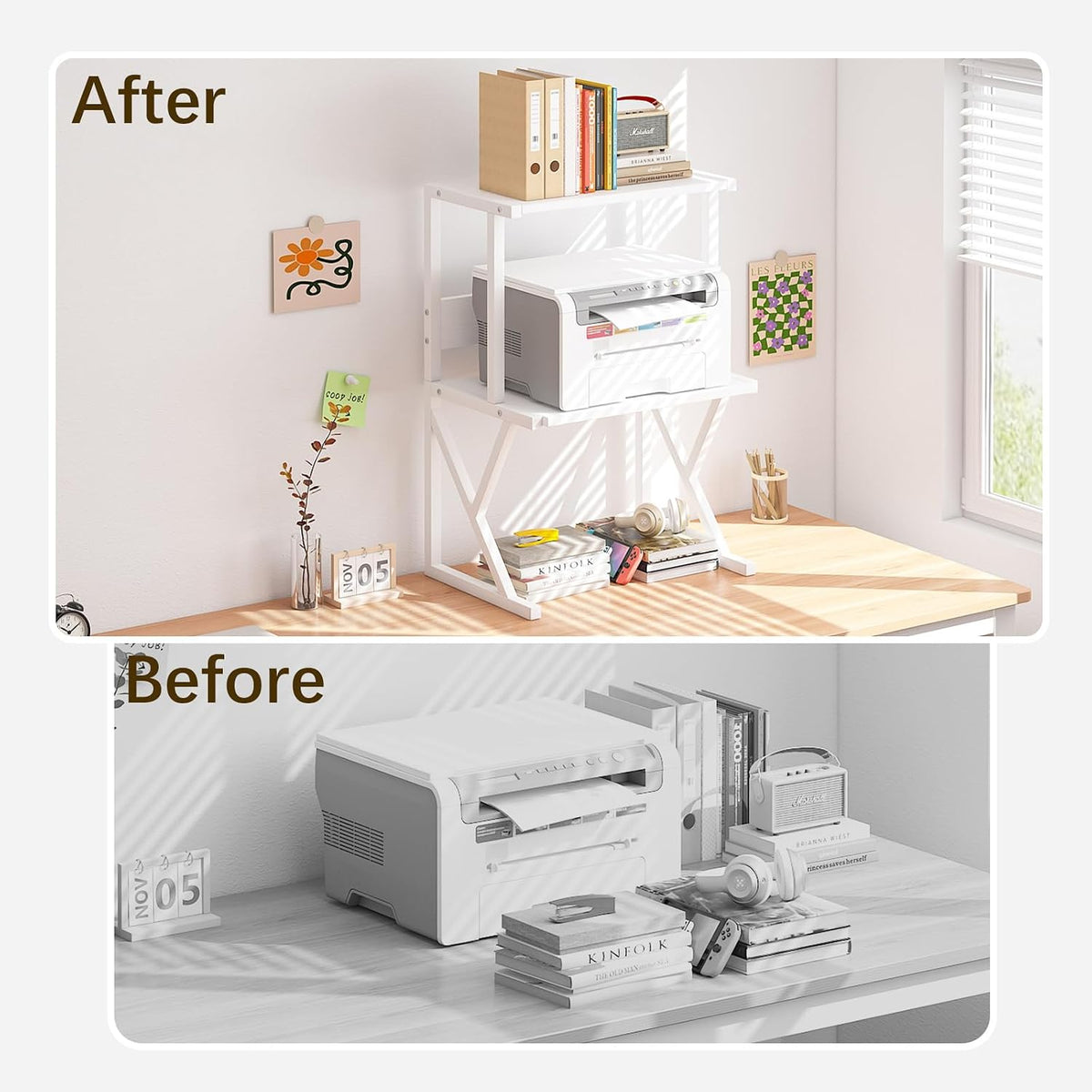 aboxoo Printer Stand for Desk to Save Space, Metal+Wood for Home Office