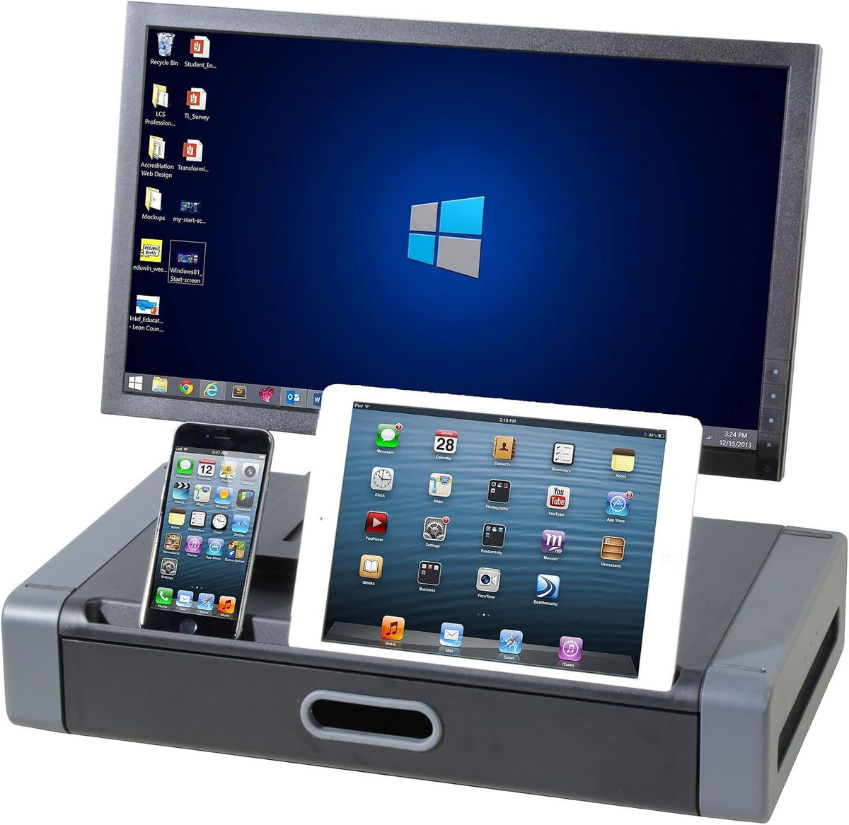 Kantek Monitor Riser with Drawer & Smartphone/Tablet Slot, 19-Inch Wide x 11-Inch Deep x 4-Inch High, Black/Dark Grey (MS760)