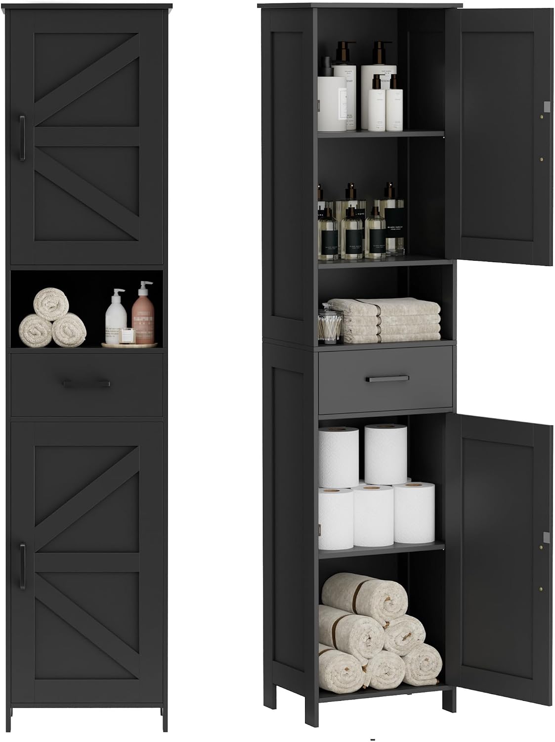 Homhedy 67" H Tall Bathroom Storage Cabinet with Barn Doors and Drawer