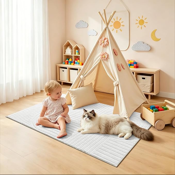 Pauwer 3x5 Washable Area Rugs for Living Room Modern White Solid Color Soft