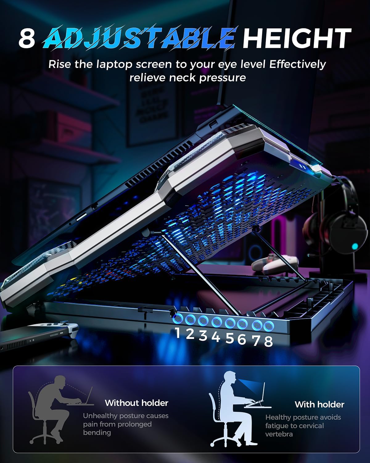 ChillCore RGB Laptop Cooling Pad, Gaming Laptop Fan Cooling Pad 9 Fans for 15.6-19.3 Inch Laptops, Laptop Cooler with 8 Height Stands, 2 USB Ports - A21 Pattern