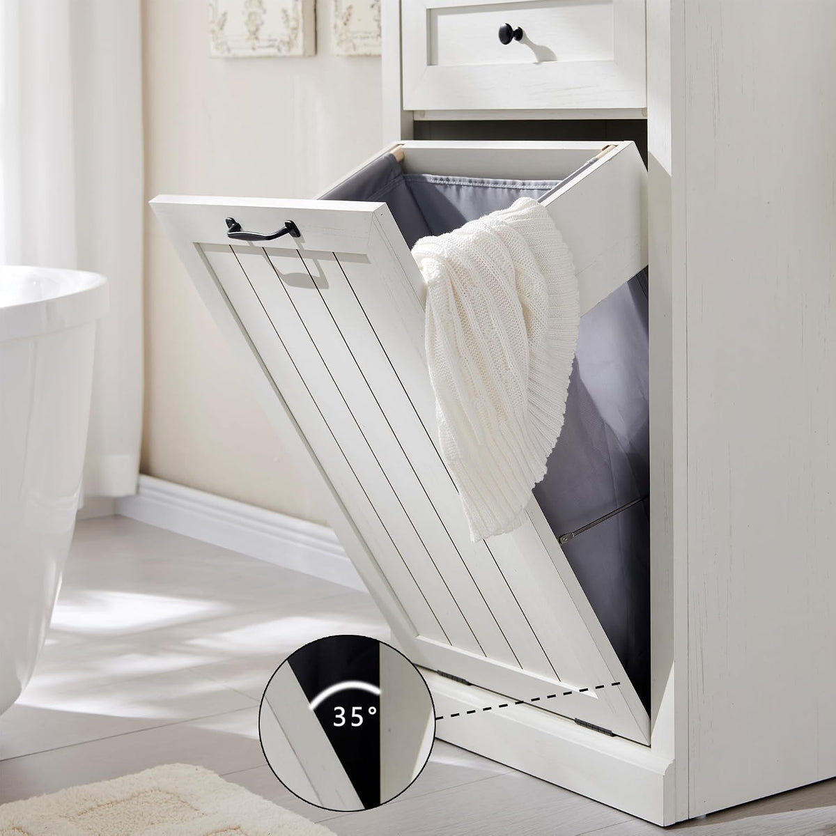 IFGET Tilt Out Trash Can Cabinet, Trash Cabinet w/Drawer, Antique White
