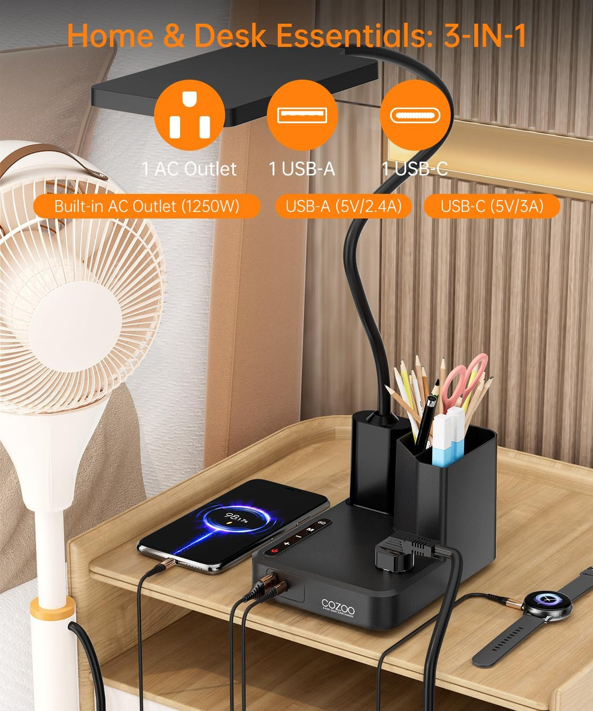 cozoo LED Desk Lamp for Dorm USB A/C Charger Pen Holder 3 Light Modes Black