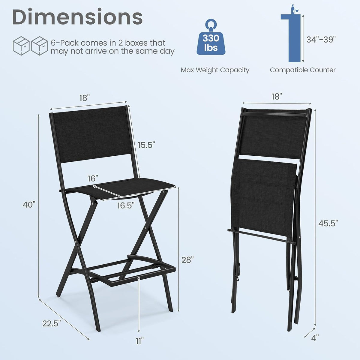 Tangkula Outdoor Barstools Set of 4, Counter Height Folding Bar Chairs with Back and Footrest, Versatile Patio Dining Chairs with Breathable Fabric & Heavy-Duty Metal Frame