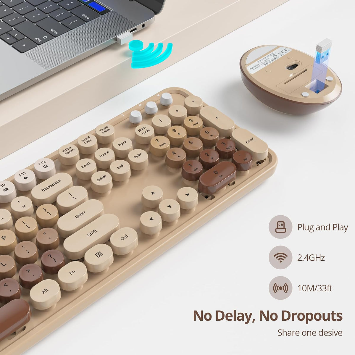 GTSP Retro Wireless Typewriter Keyboard and Mouse Combo, 2.4GHz Full-Size Cute Office Computer Keyboard with Round Keycaps for Desktop Laptop and PC (Colorful Brown)