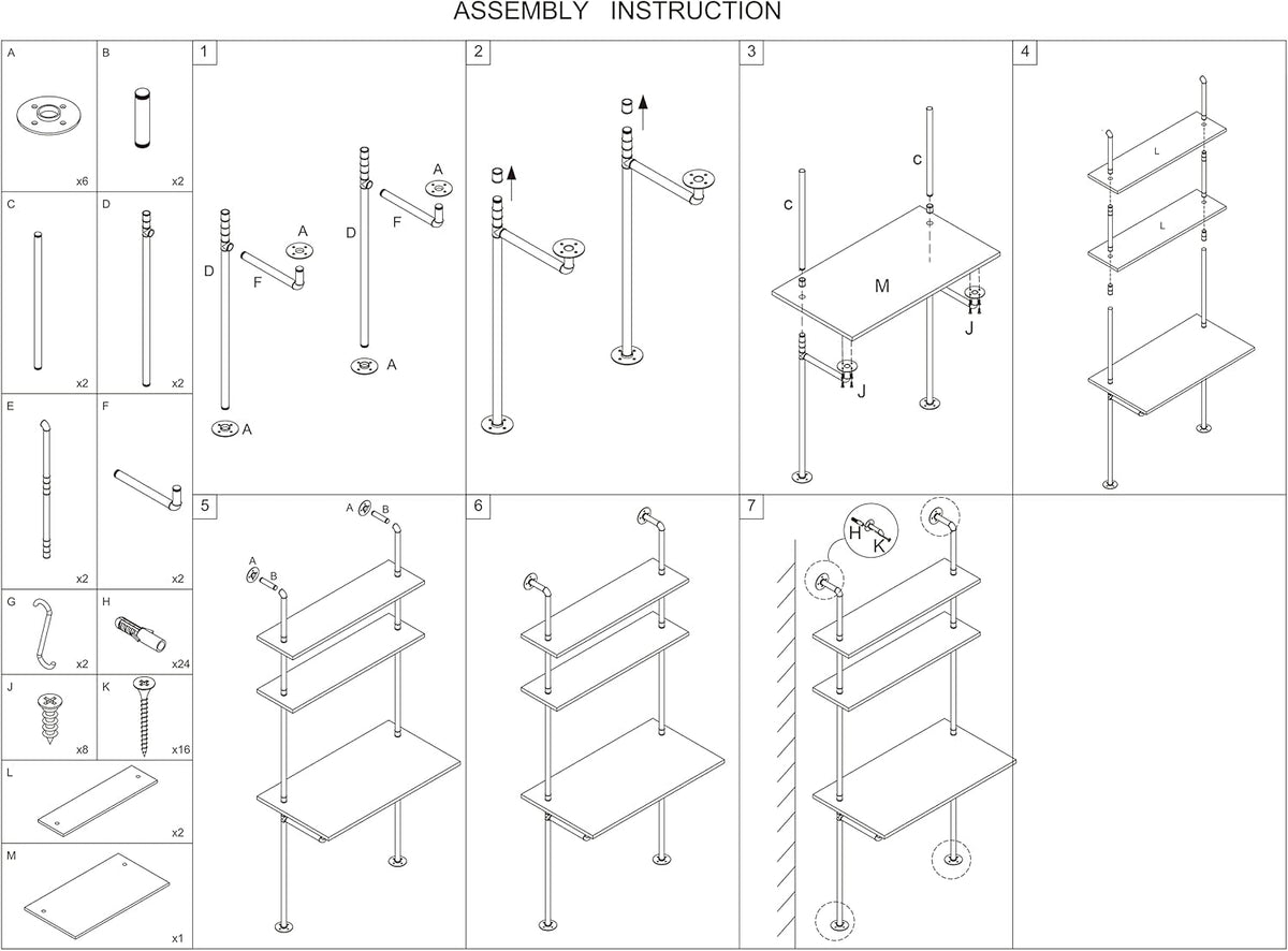ZIOTHUM Wall Mounted Desk with Shelves, Industrial Ladder Style Floating Desk for Small Spaces, Computer Table with Storage Shelves, Rustic Pipe Bookcase for Bedroom(36x20x81in)