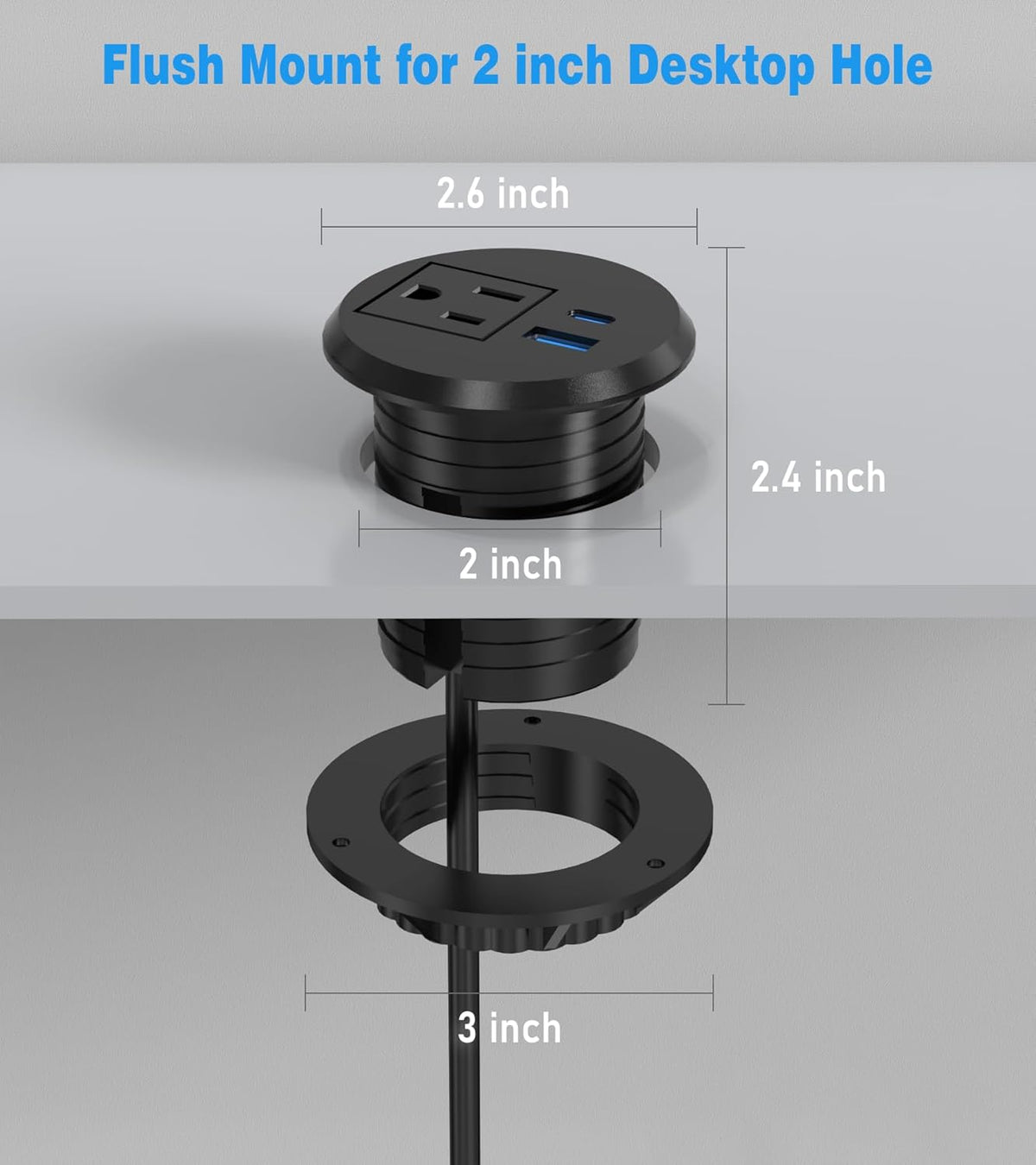 VILONG 2 Inch Recessed Power Grommet, Flush Mount, 20W USB-C Fast Charging