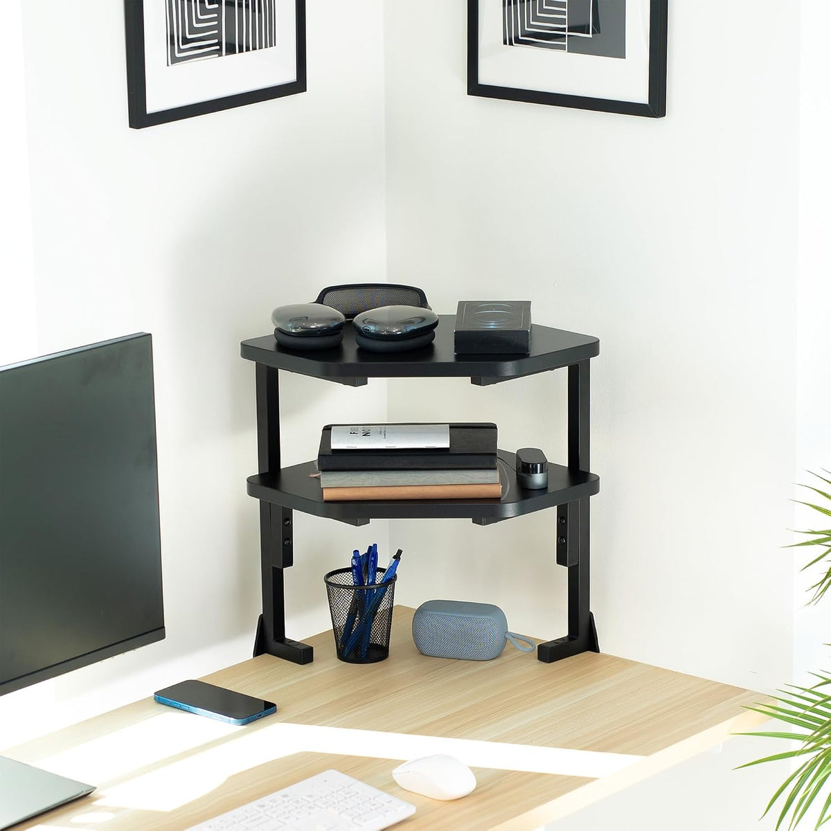 VIVO Black Corner Clamp-on 17 in 2-Tier Desk Shelf, STAND-SHELF2CR