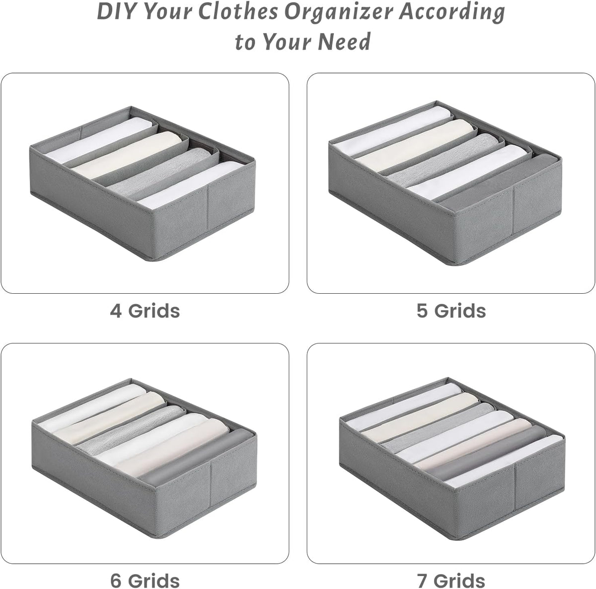 4 Packs Adjustable T-shirt Drawer Organizers for Clothing with 6 Adjustable Dividers, 7 Grids Wardrobe Storage Box, DIY Clothes Organizer for Folded Clothes, T-shirt, Legging