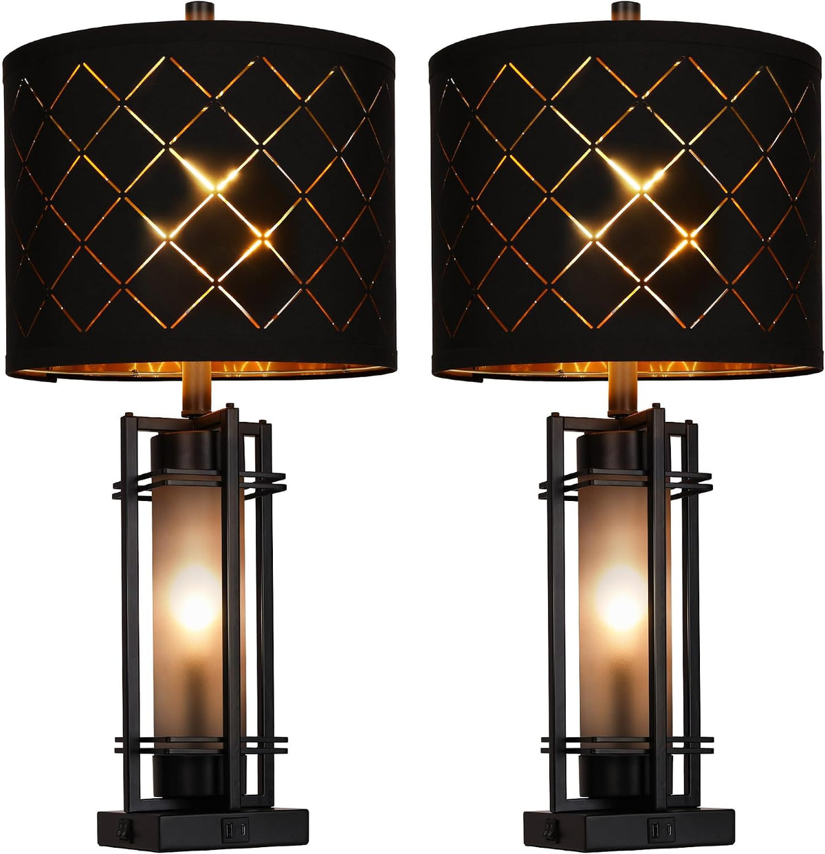 WIHTU 27'' Modern Table Lamp Set of 2 with Nightlight, Metal Bedside Lamps