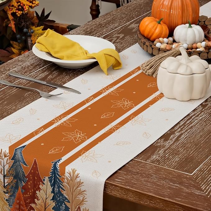 Fall Watercolor Trees & Maple Leaves Striped Table Runner 13x108 Inch, Rustic